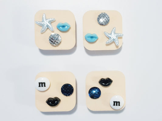 Vente de cadeaux pour la fête des mères 3 paires de boucles d'oreilles à tige, cadeau de maman aux couleurs gothiques, poteaux en acrylique titane en acier hypoallergénique, sirène à lèvres d'étoile de mer