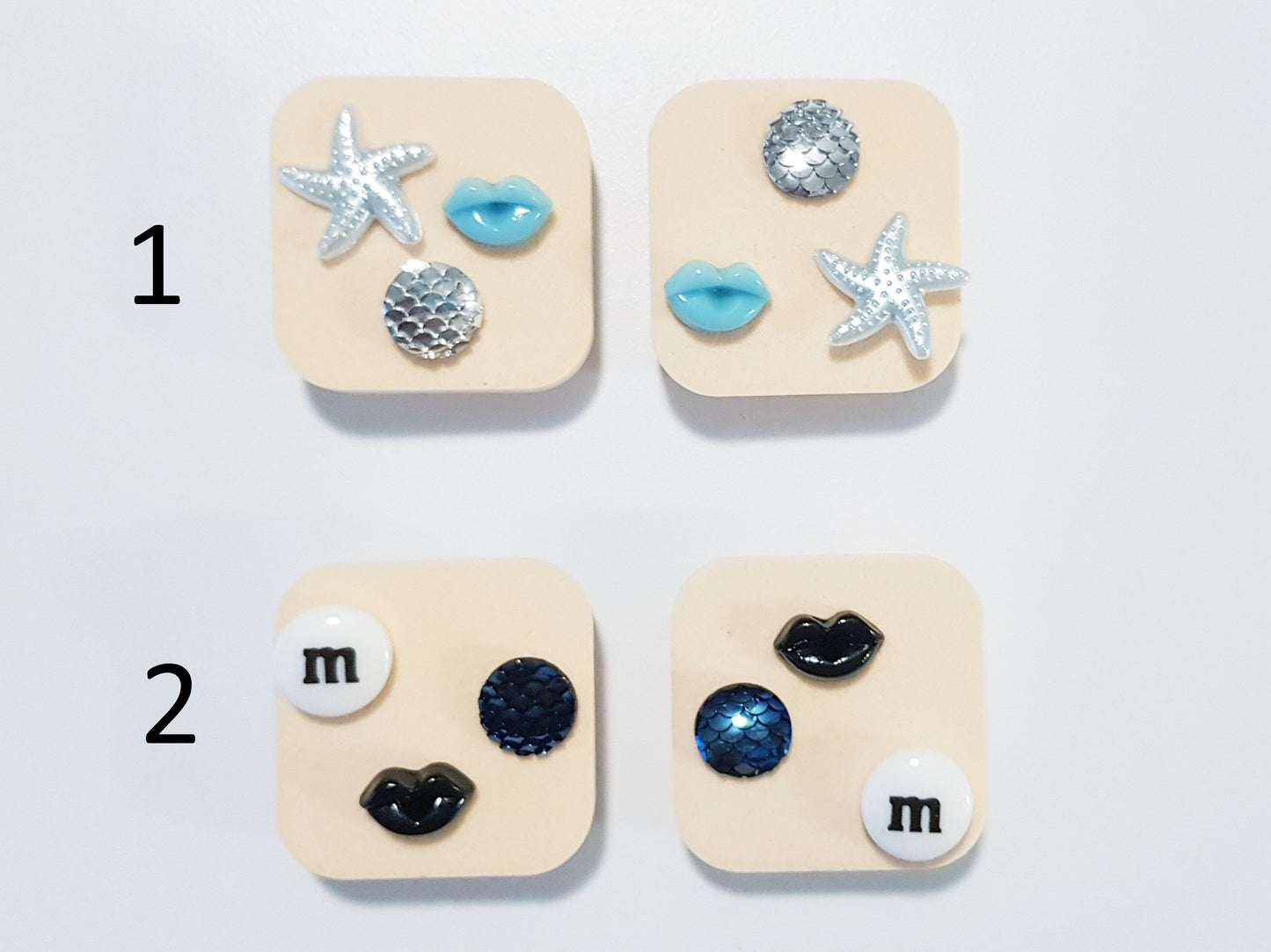 Gothic Stud Earrings Gift Set of 3 - Hypoallergenic Steel Titanium Acrylic Posts - Starfish Earrings - Lips Earrings - Mermaid Earrings