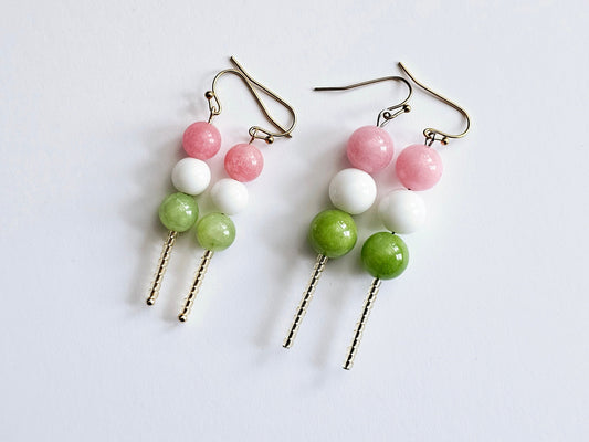 Gemstone dango earrings with hypoallergenic gold plated steel or titanium ear wires.