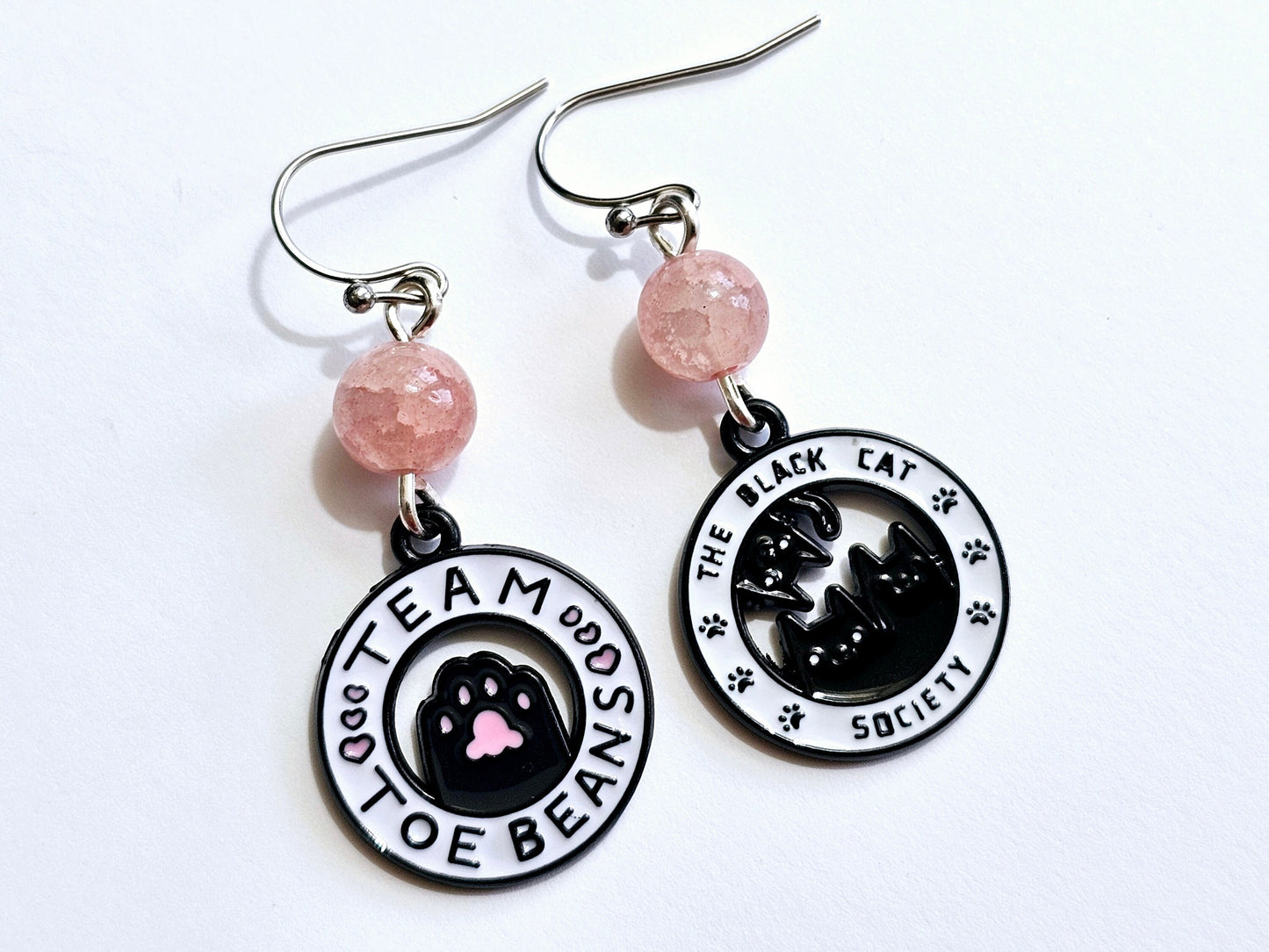 Handmade Mismatched Black Cat Toe Bean Earrings - Hypoallergenic for Sensitive Ears