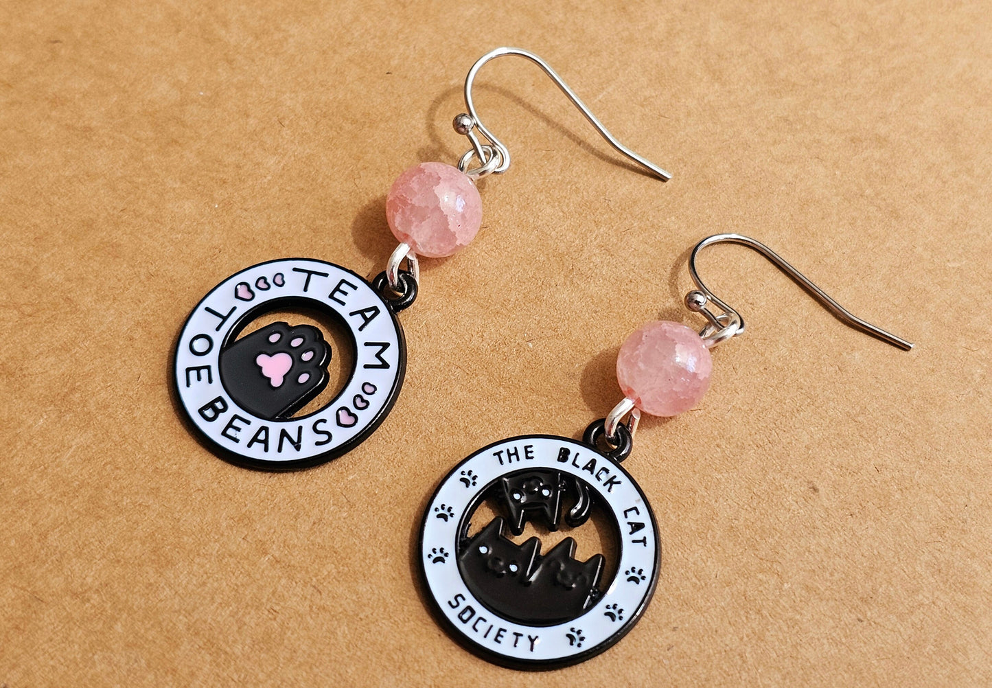 Handmade Mismatched Black Cat Toe Bean Earrings - Hypoallergenic for Sensitive Ears