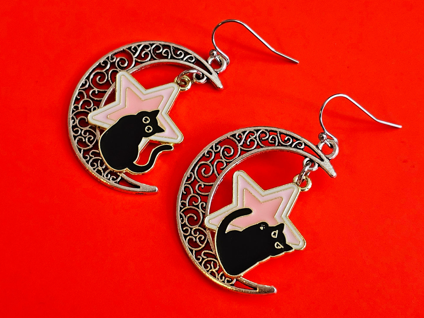 Handmade Mismatched Crescent Moon Cat Earrings, Hypoallergenic for Sensitive Ears