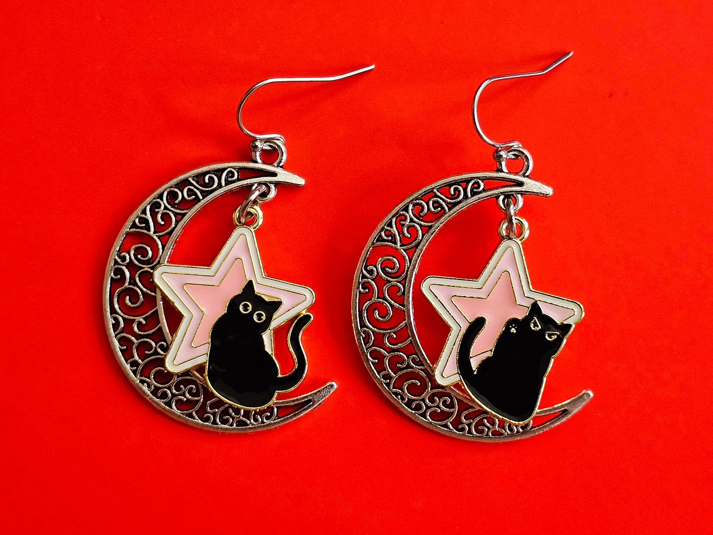 Mismatched celestial cat earrings. Cute Cat and Mad cat.