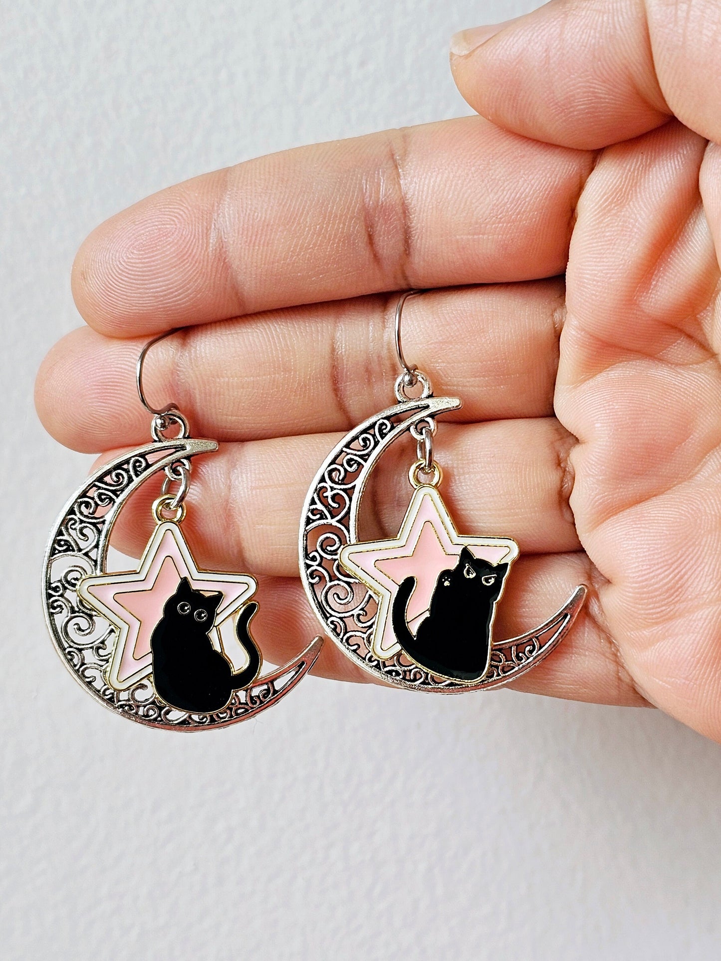 Handmade Mismatched Crescent Moon Cat Earrings, Hypoallergenic for Sensitive Ears