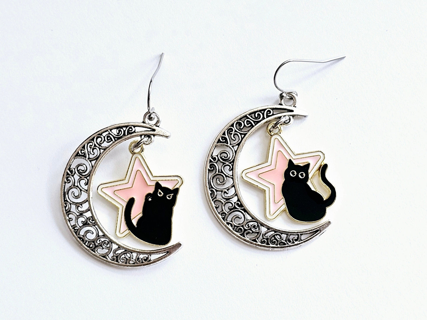 Handmade Mismatched Crescent Moon Cat Earrings, Hypoallergenic for Sensitive Ears