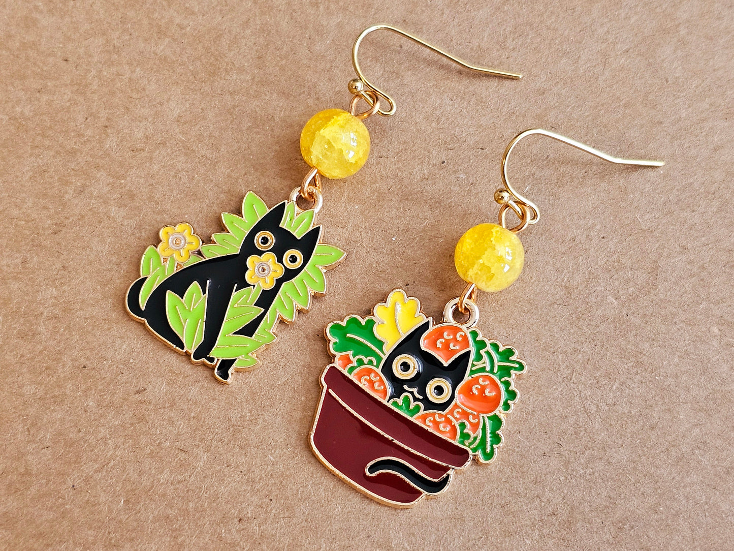 Handmade Mismatched Black Cat in Plant Earrings, Hypoallergenic Earrings