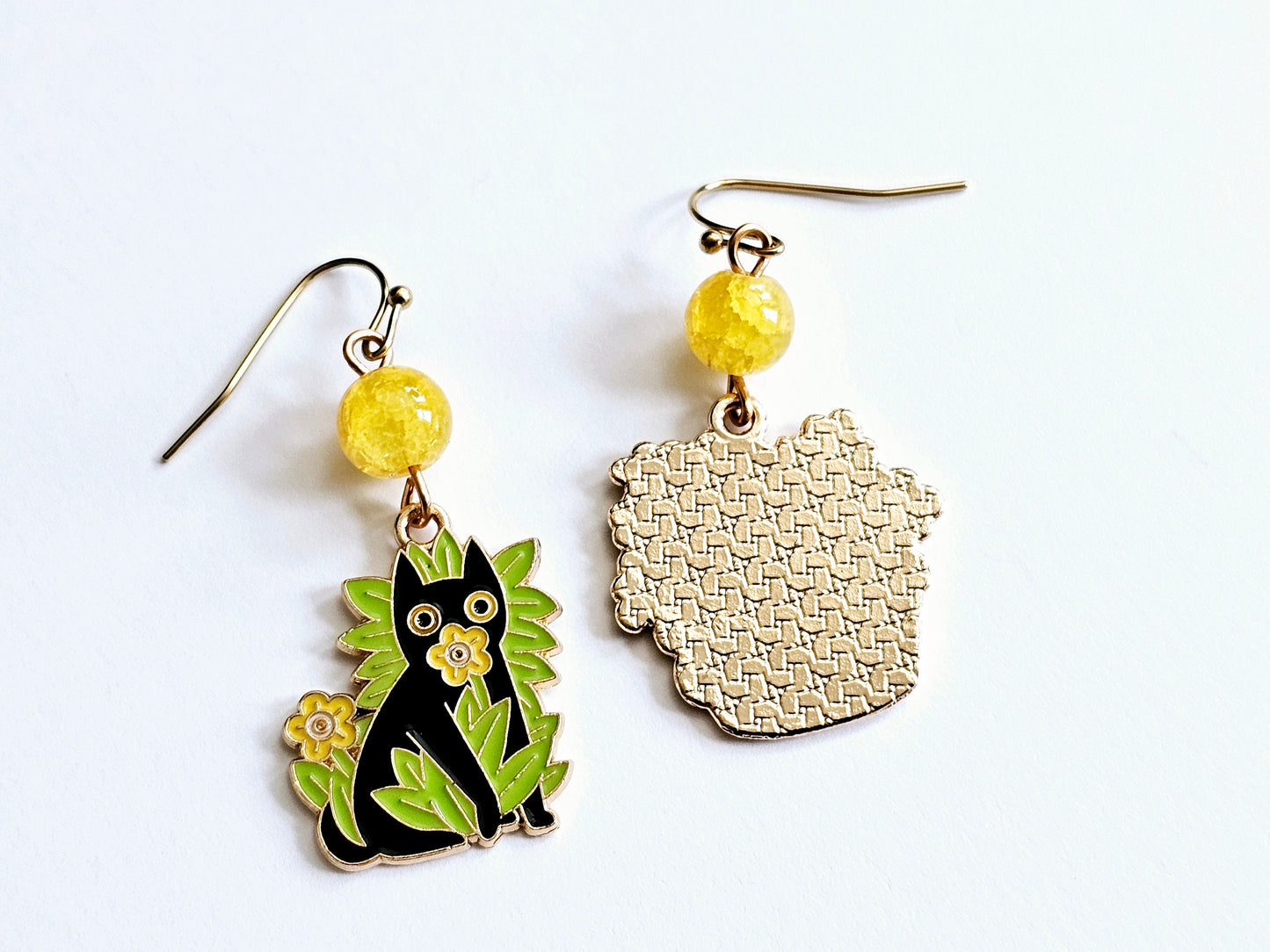 Handmade Mismatched Black Cat in Plant Earrings, Hypoallergenic Earrings