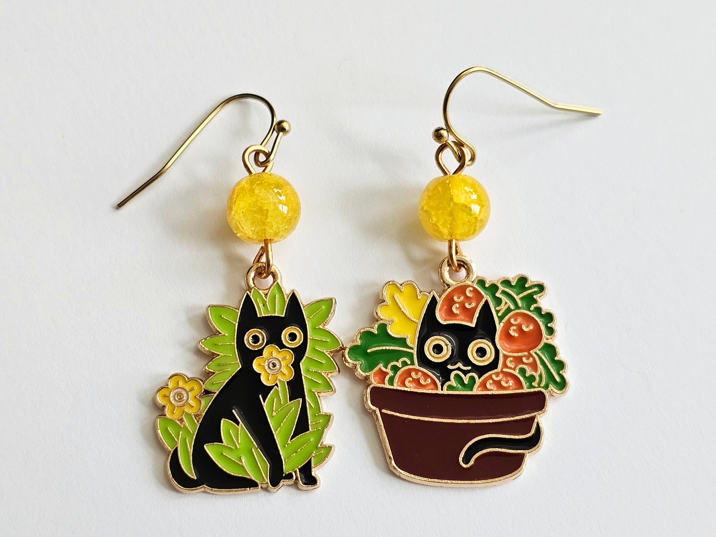 Handmade Mismatched Black Cat in Plant Earrings, Hypoallergenic Earrings