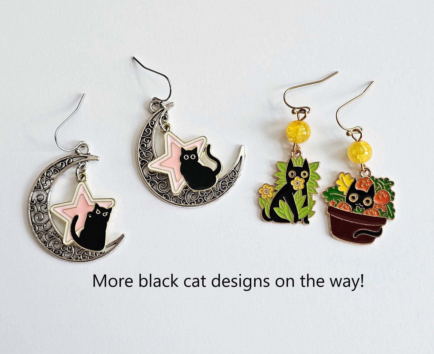 Handmade Mismatched Black Cat in Plant Earrings, Hypoallergenic Earrings