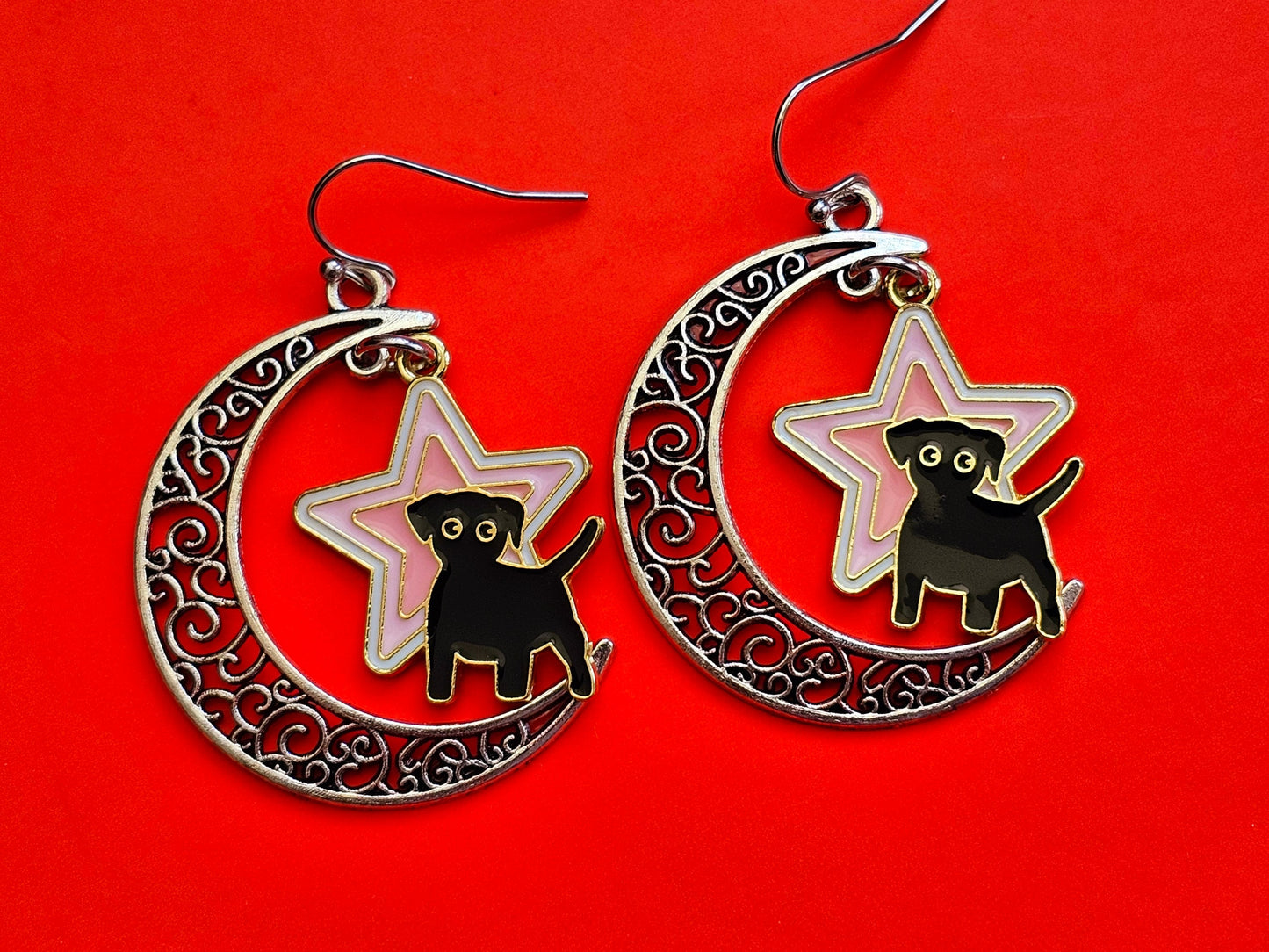 Handmade Black Dog Earrings, Hypoallergenic for Sensitive Ears