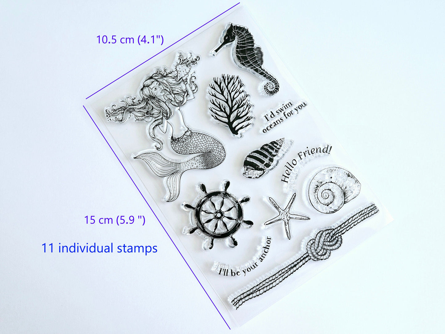 Mermaid Stamp Summer Beach Clear Stamp Set for Handmade Cards - Seahorse Stamp - Shell Stamp - Starfish Stamp - Boat Helm Stamp