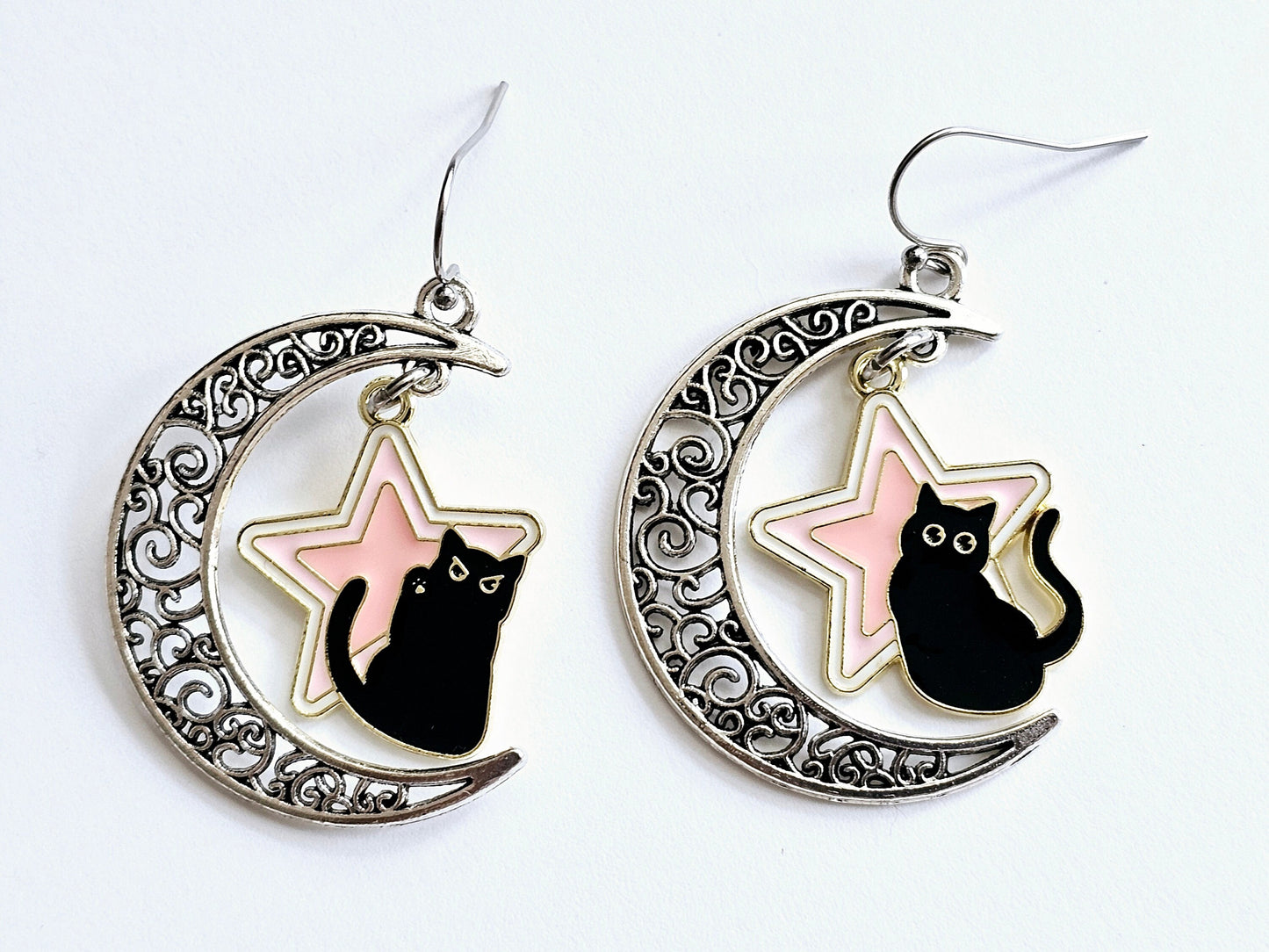 Handmade Mismatched Crescent Moon Cat Earrings, Hypoallergenic for Sensitive Ears