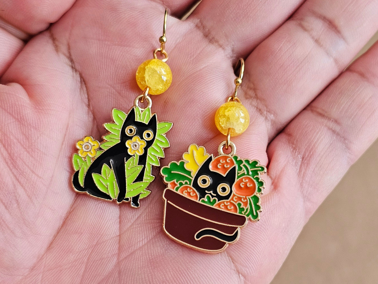 Handmade Mismatched Black Cat in Plant Earrings, Hypoallergenic Earrings