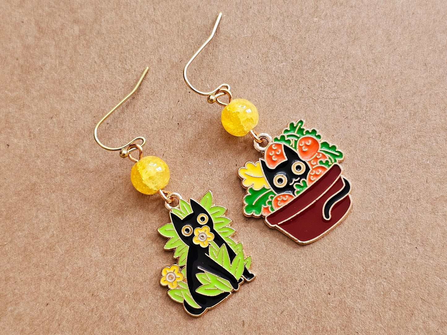 Handmade Mismatched Black Cat in Plant Earrings, Hypoallergenic Earrings