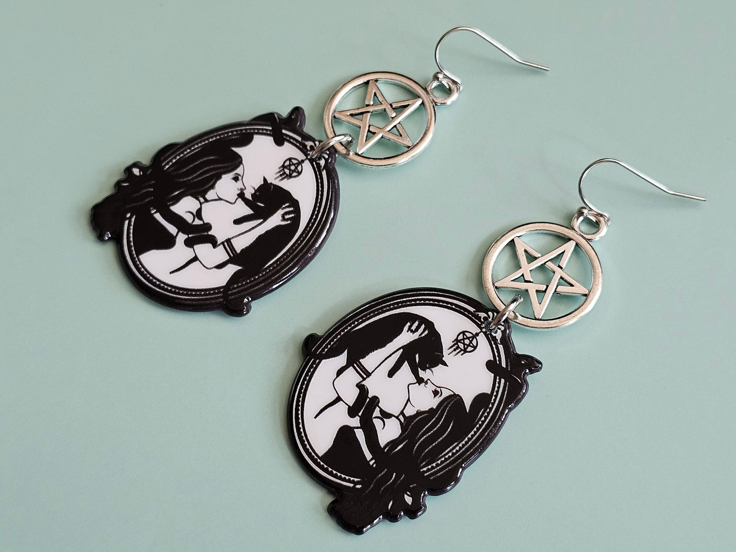 Hypoallergenic Cat Earrings Snake Earrings Pentagram Earrings Pentacle Earrings Witchy Cat Gifts Birthday Gift Girl and Cat and Snake Gift