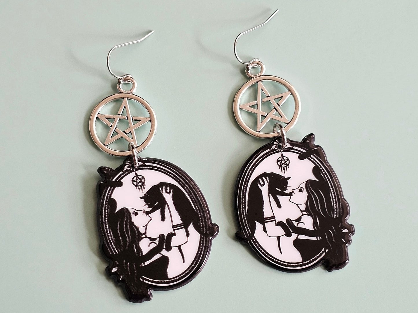 Hypoallergenic Cat Earrings Snake Earrings Pentagram Earrings Pentacle Earrings Witchy Cat Gifts Birthday Gift Girl and Cat and Snake Gift