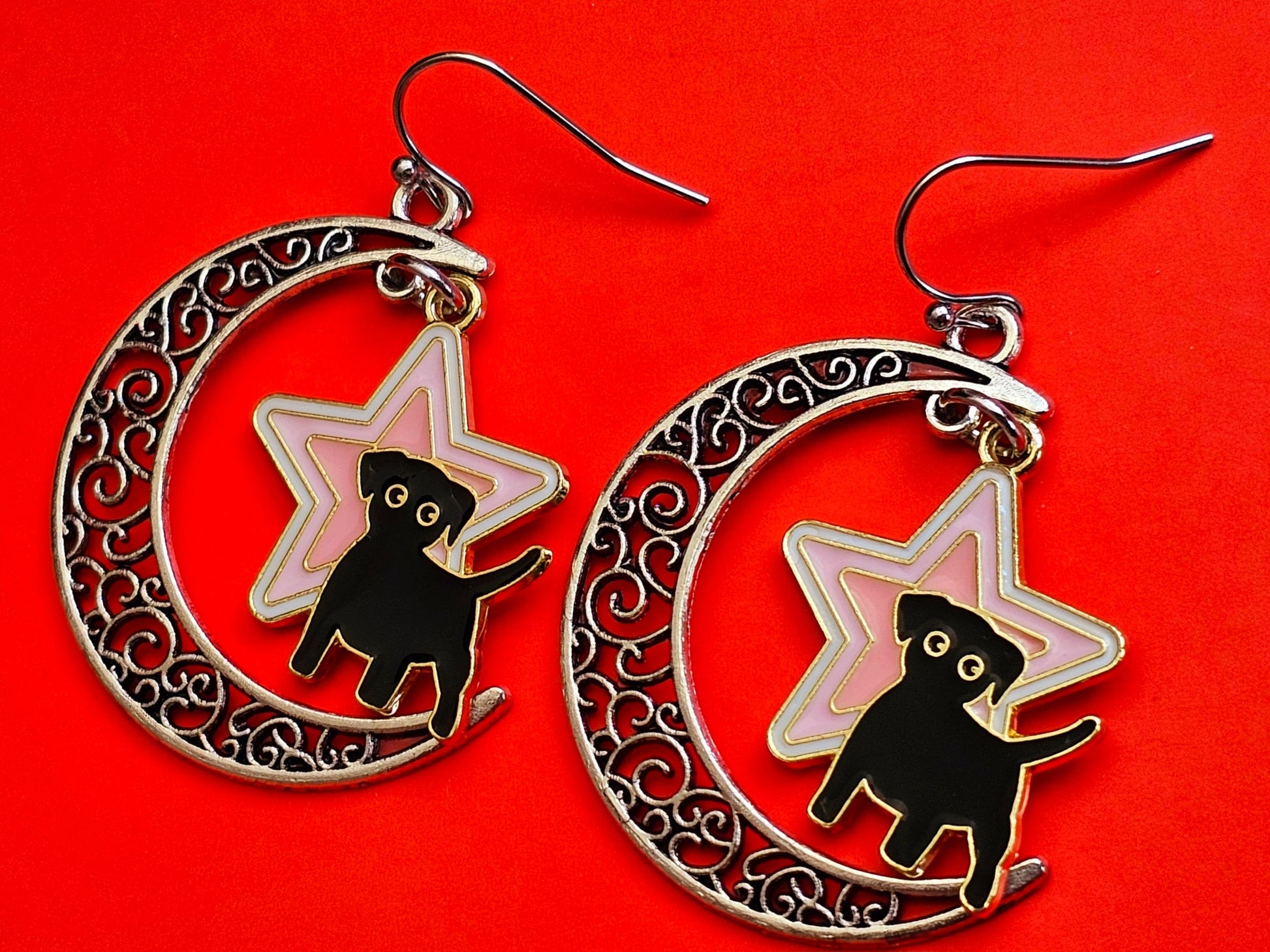 Black puppy earrings crescent moon and star earrings with hypoallergenic titanium or steel ear wires.