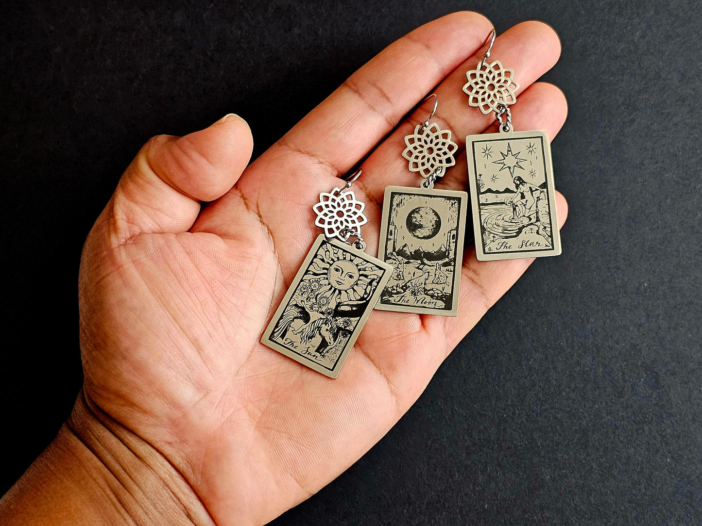 Handmade Hypoallergenic Sun Moon and Star Tarot Card Earrings