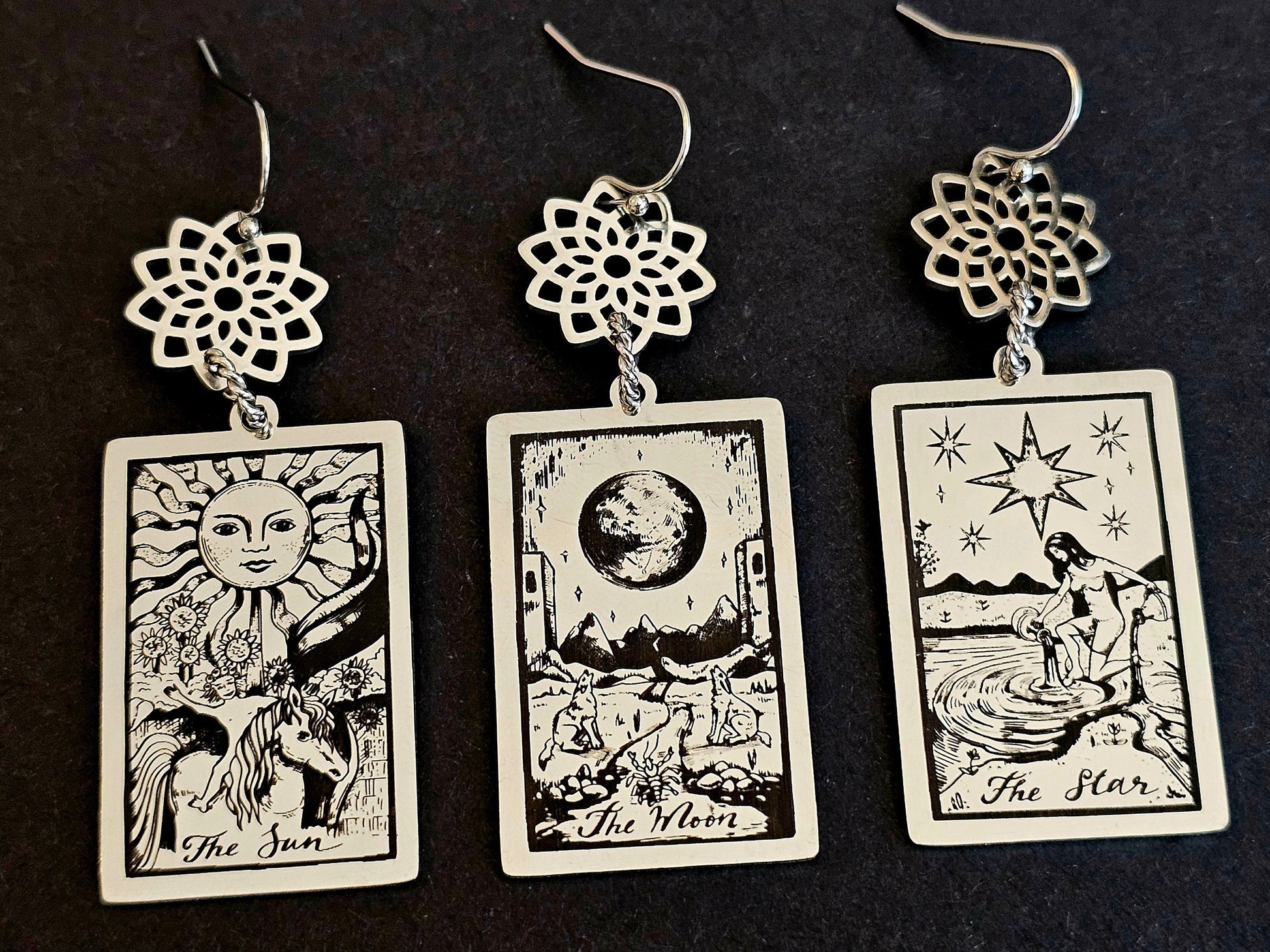 Hypoallergenic Sun Tarot Card Moon Tarot Card Star Tarot Card Earrings with Stainless steel and titanium ear wires.