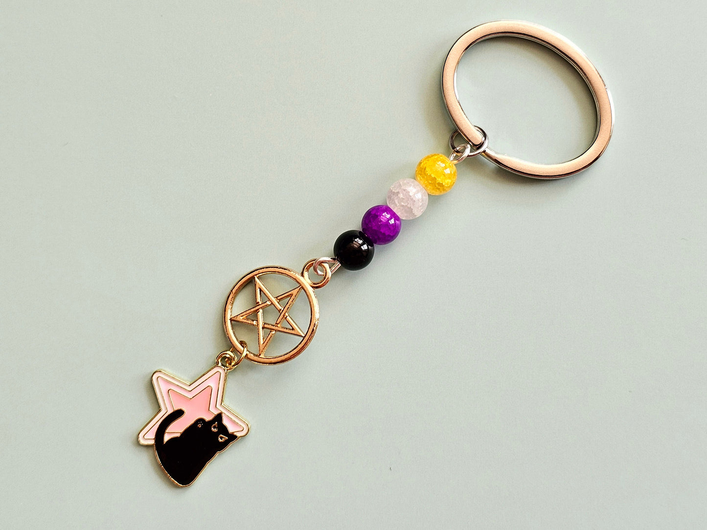 Handmade Nonbinary Pride Keychains, Cat Keyring Dog Keychain, Pentagram Keyring, LGBTQ+ Key Fob Star Keychain