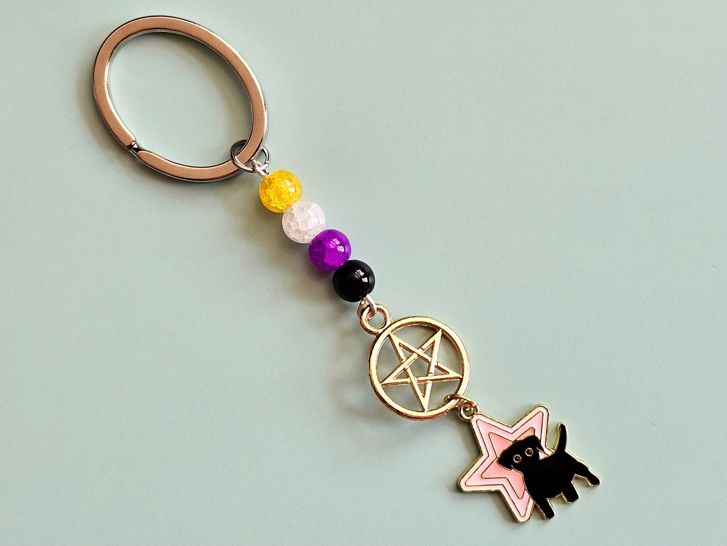 Handmade Nonbinary Pride Keychains, Cat Keyring Dog Keychain, Pentagram Keyring, LGBTQ+ Key Fob Star Keychain