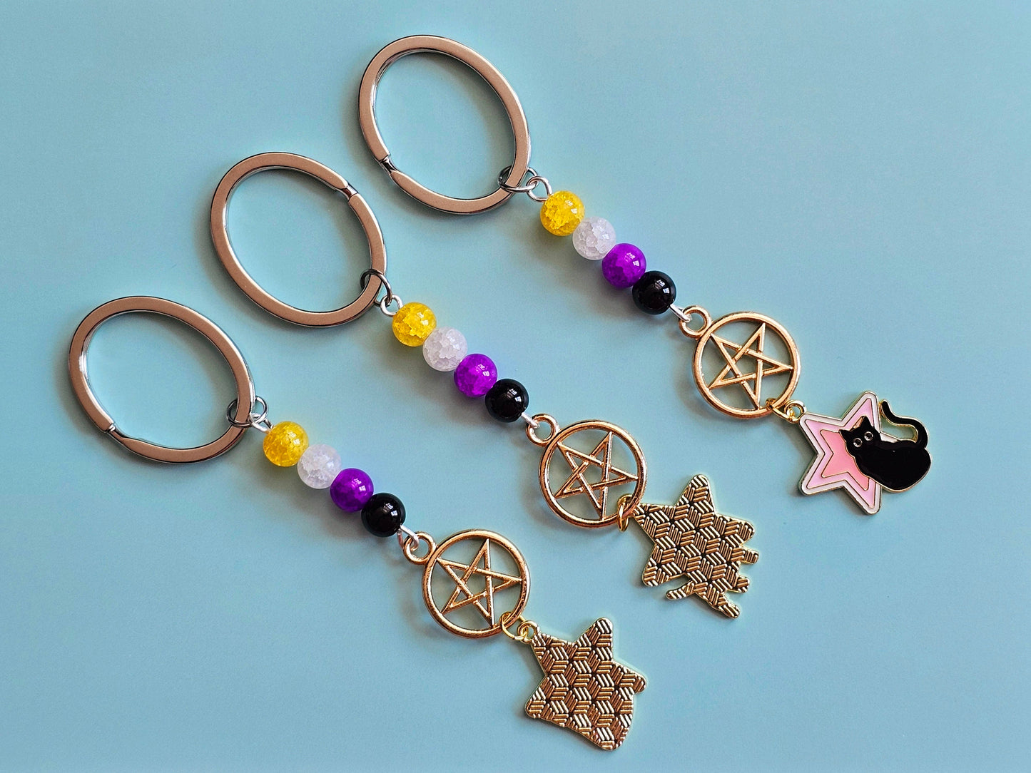 Handmade Nonbinary Pride Keychains, Cat Keyring Dog Keychain, Pentagram Keyring, LGBTQ+ Key Fob Star Keychain