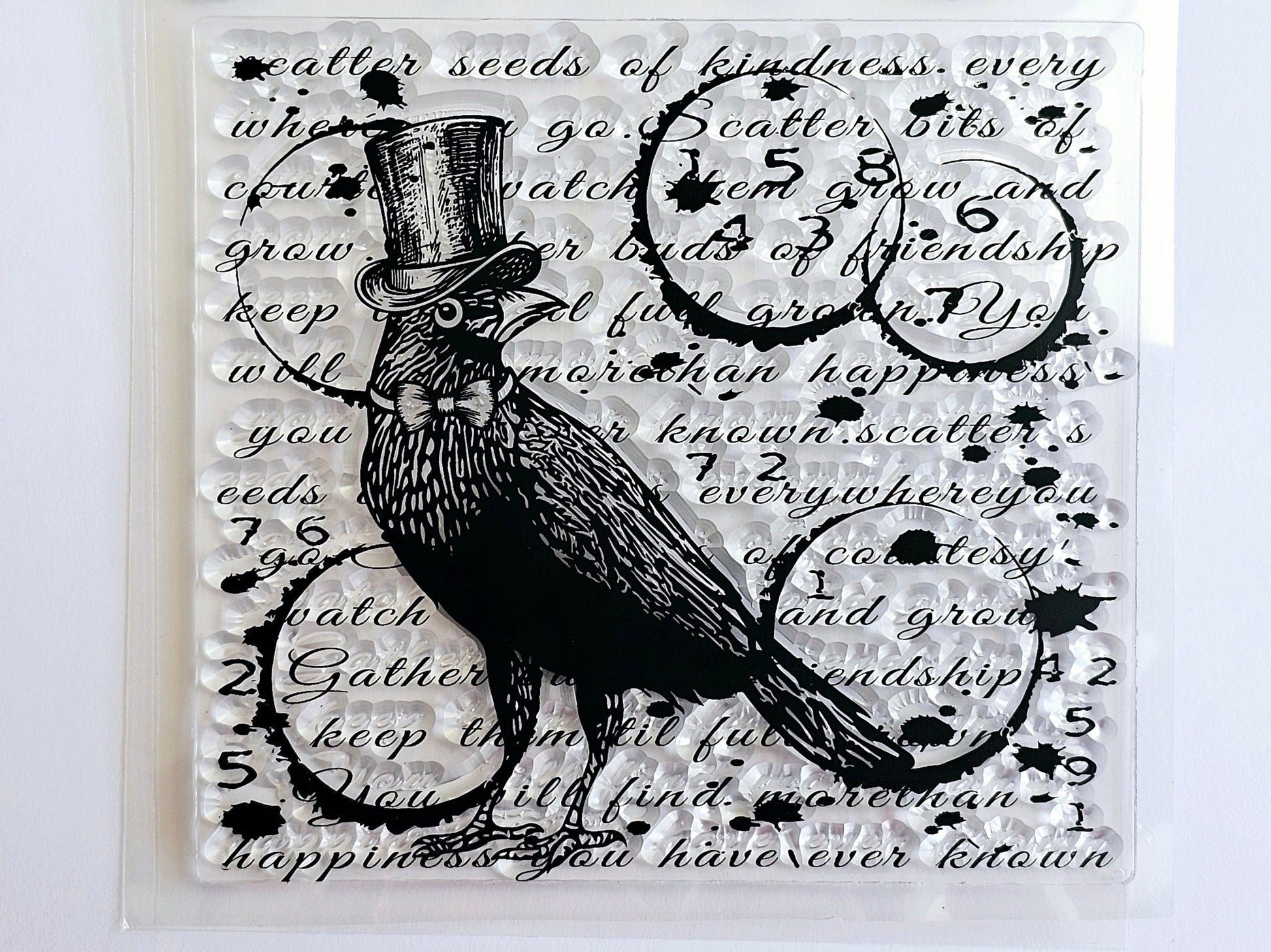 Raven in hat and bowtie and text background stamp.