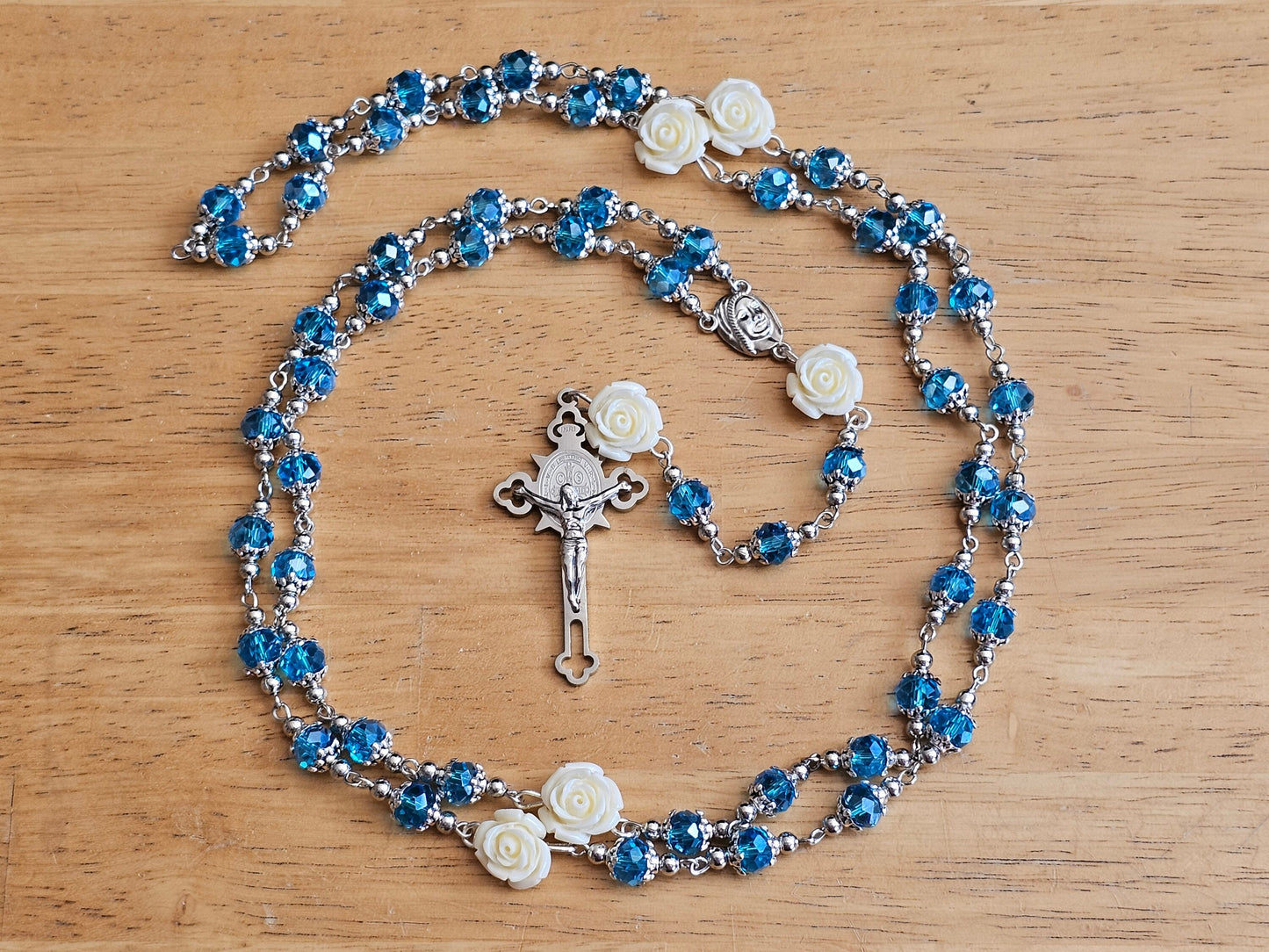 Handmade Blue and White Catholic Rosary with Saint Benedict Silver Crucifix - Religious Christmas Gift