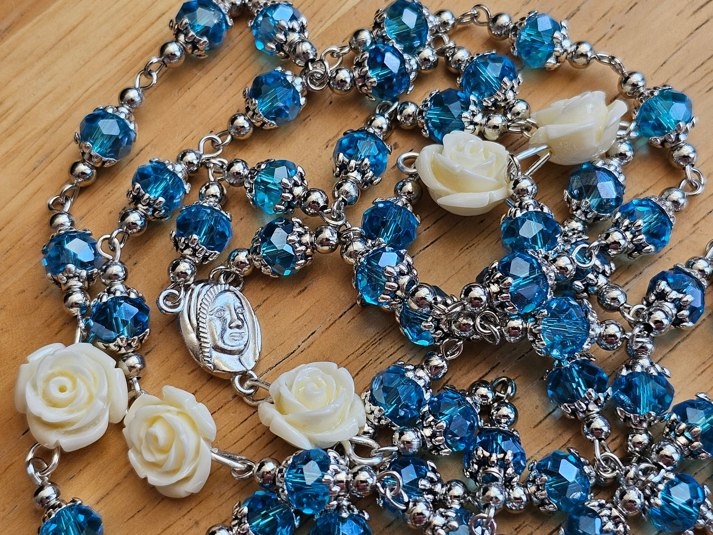 Handmade Blue and White Catholic Rosary with Saint Benedict Silver Crucifix - Religious Christmas Gift