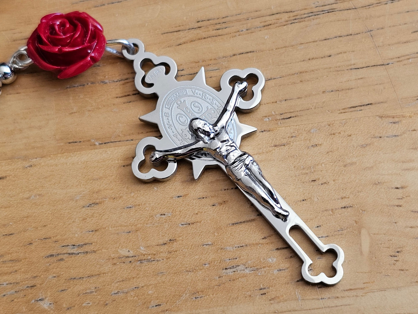 Handmade Red Rose Catholic Rosary with Saint Benedict Silver Crucifix - Religious Christmas Gift