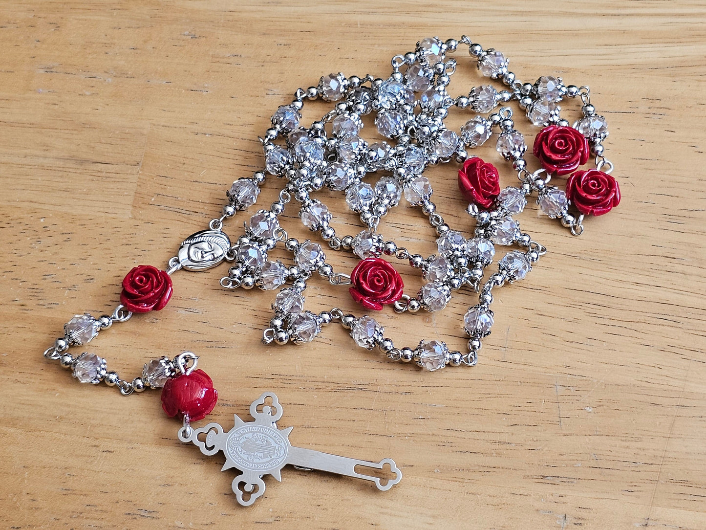 Handmade Red Rose Catholic Rosary with Saint Benedict Silver Crucifix - Religious Christmas Gift