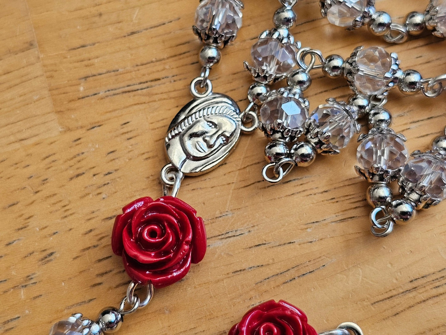 Handmade Red Rose Catholic Rosary with Saint Benedict Silver Crucifix - Religious Christmas Gift