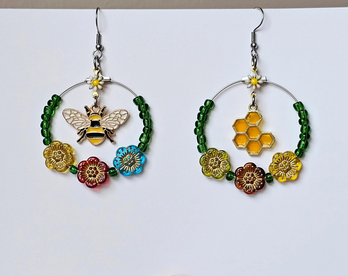 Honey Bee Earrings Honey Earrings Hypoallergenic Handmade Hoop Earrings Insect Earrings Bug Jewelry Mismatched Earrings Christmas in July