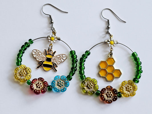 Honey Bee Earrings Honey Earrings Hypoallergenic Handmade Hoop Earrings Insect Earrings Bug Jewelry Mismatched Earrings Christmas in July