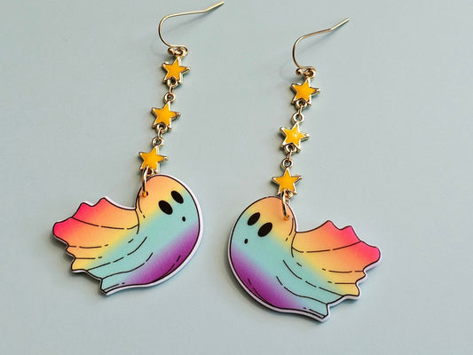 Rainbow pride earrings Halloween Ghost Earrings with golden stars.