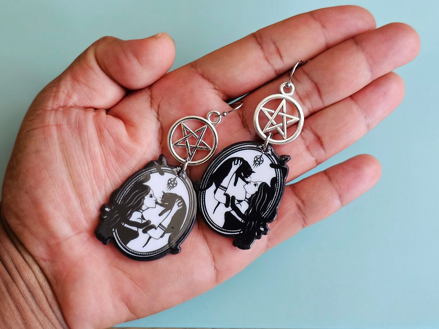 Hypoallergenic Cat Earrings Snake Earrings Pentagram Earrings Pentacle Earrings Witchy Cat Gifts Birthday Gift Girl and Cat and Snake Gift