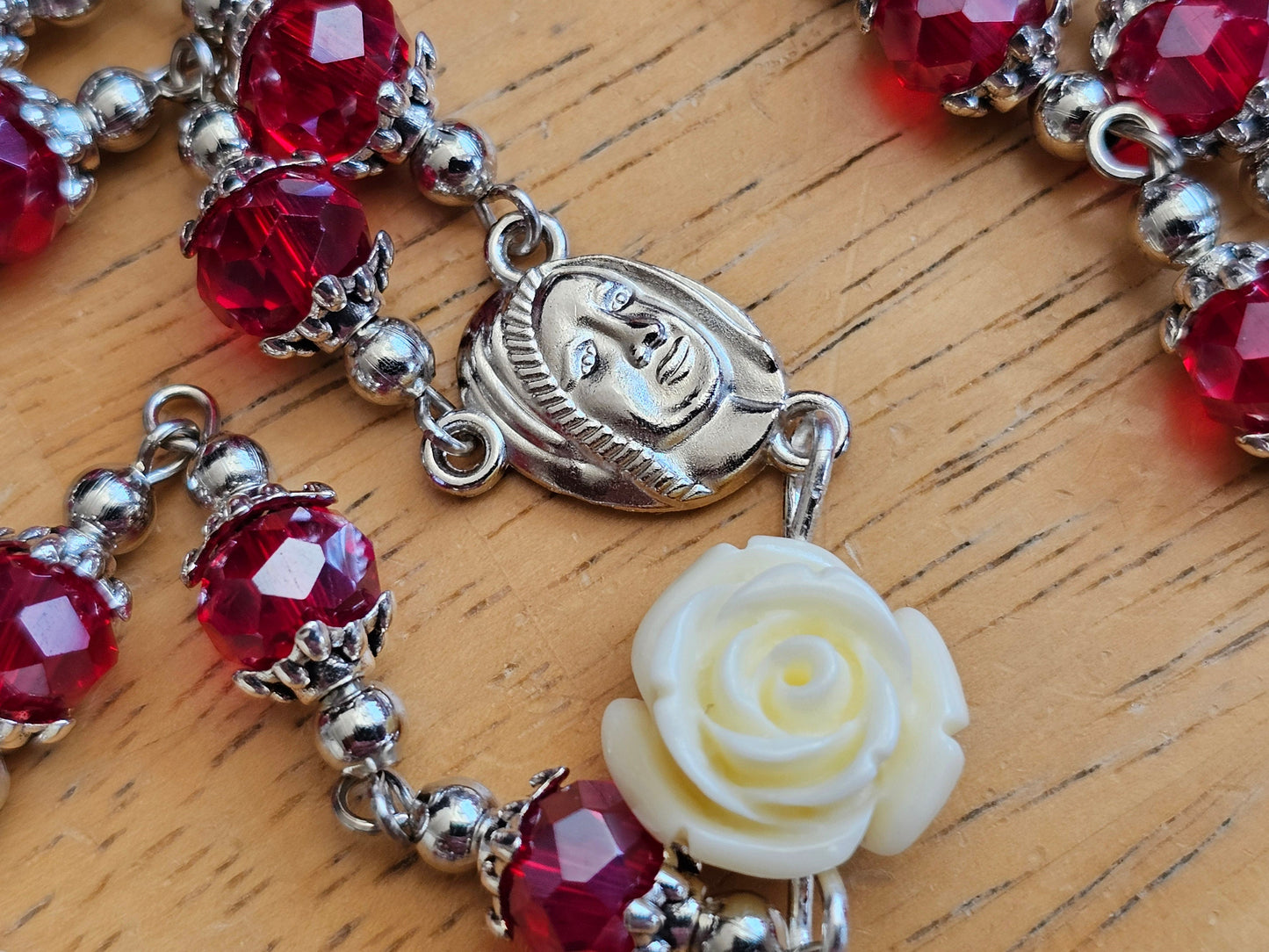 Handmade White Rose Red Catholic Rosary with Saint Benedict Silver Crucifix - Religious Christmas Gift