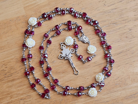 Long elegant handmade red rosary with white roses