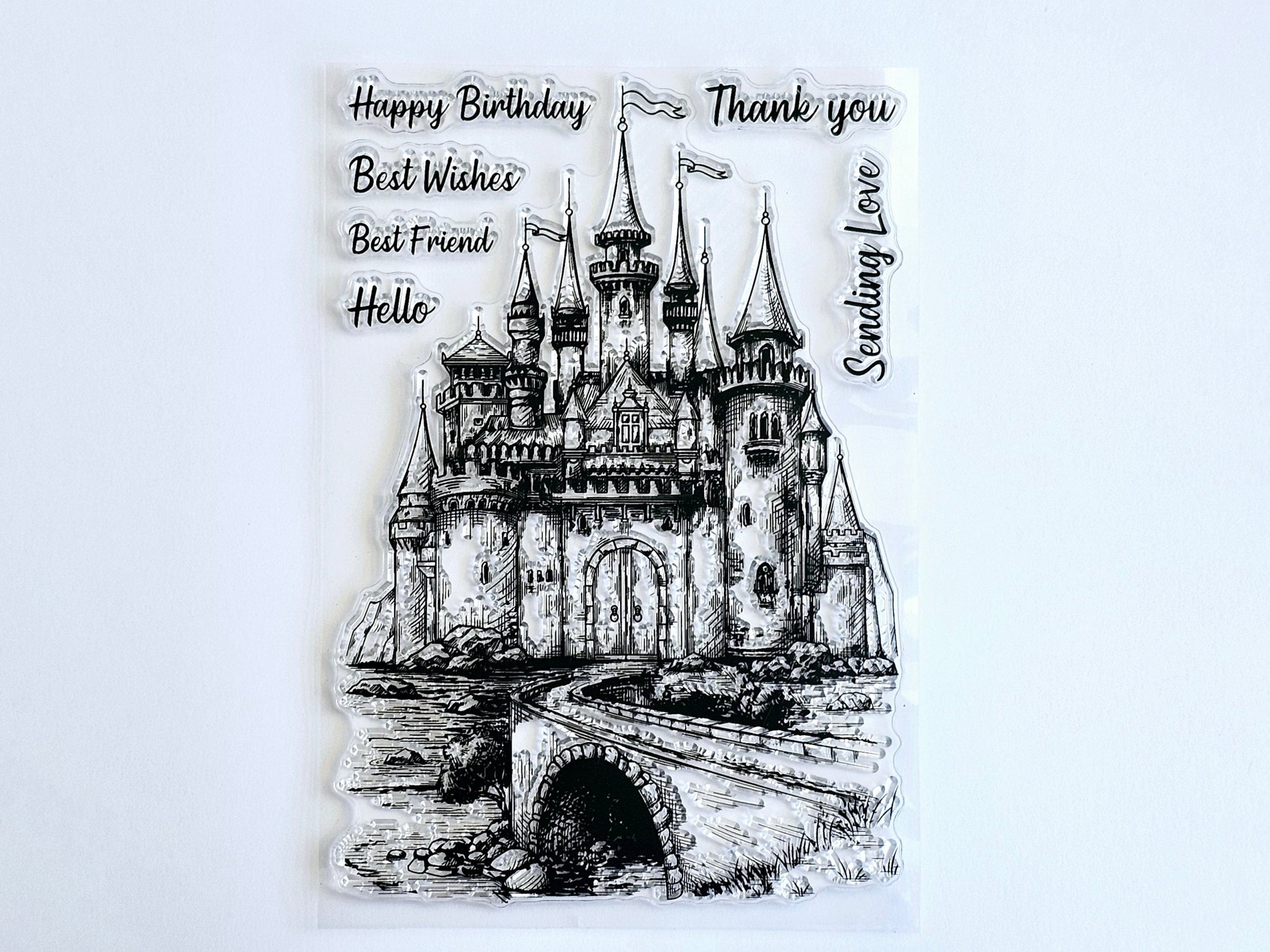 Castle background clear stamp set with various greeting stamps.