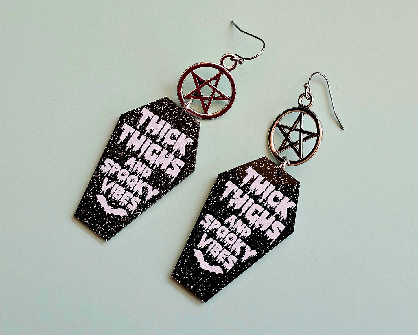 Handmade Pentacle Earrings - Halloween Coffin Earrings - Hypoallergenic for Sensitive Ears