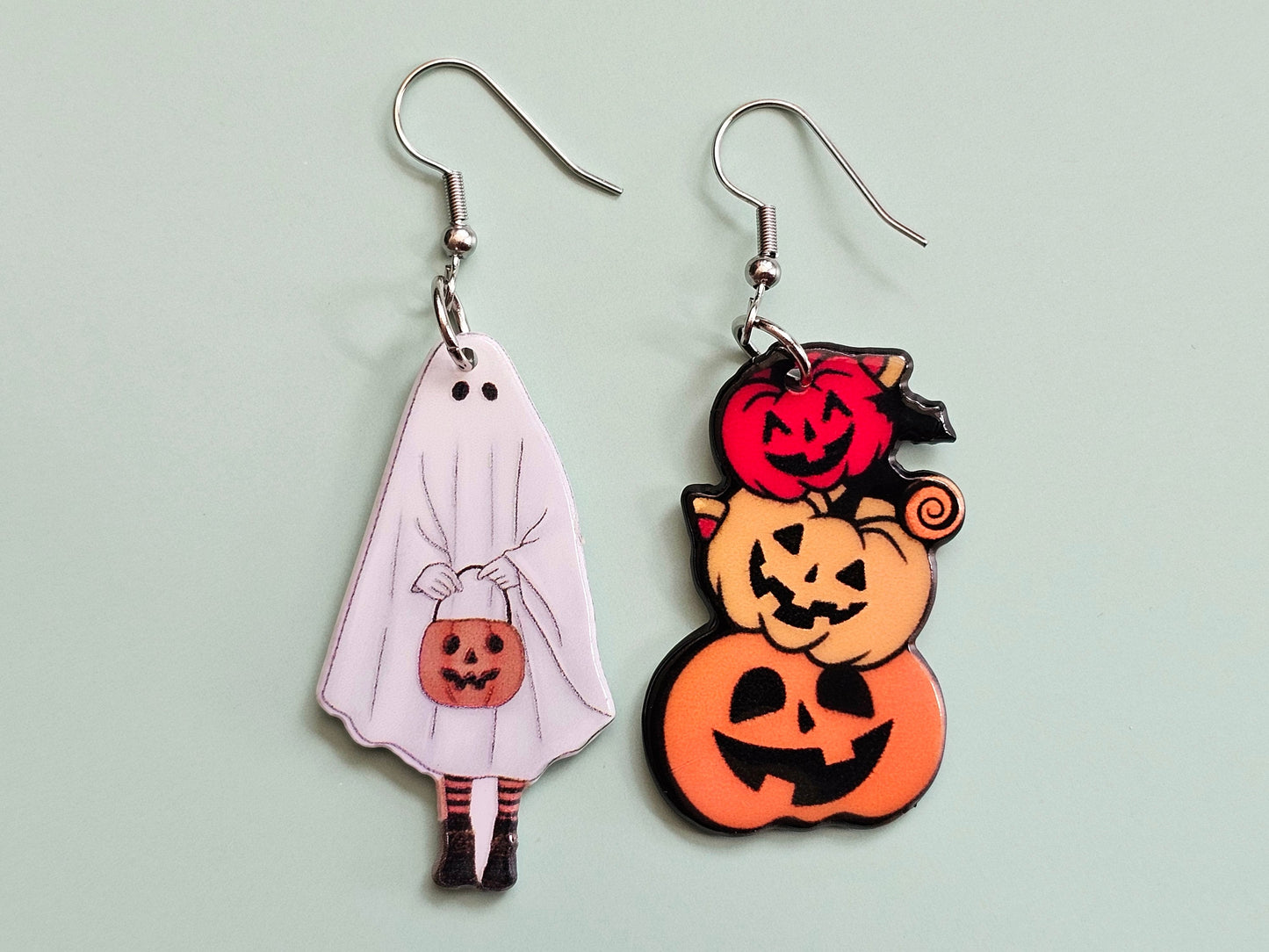 Handmade Ghost Earrings Jack O Lantern Earrings - Mismatched Halloween Earrings - Hypoallergenic for Sensitive Ears