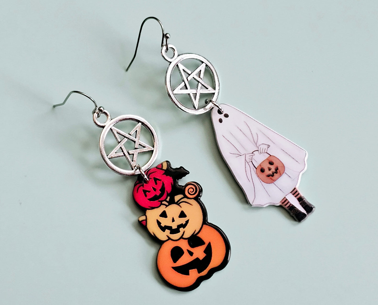 Handmade Ghost Earrings Jack O Lantern Earrings - Mismatched Halloween Earrings - Hypoallergenic for Sensitive Ears