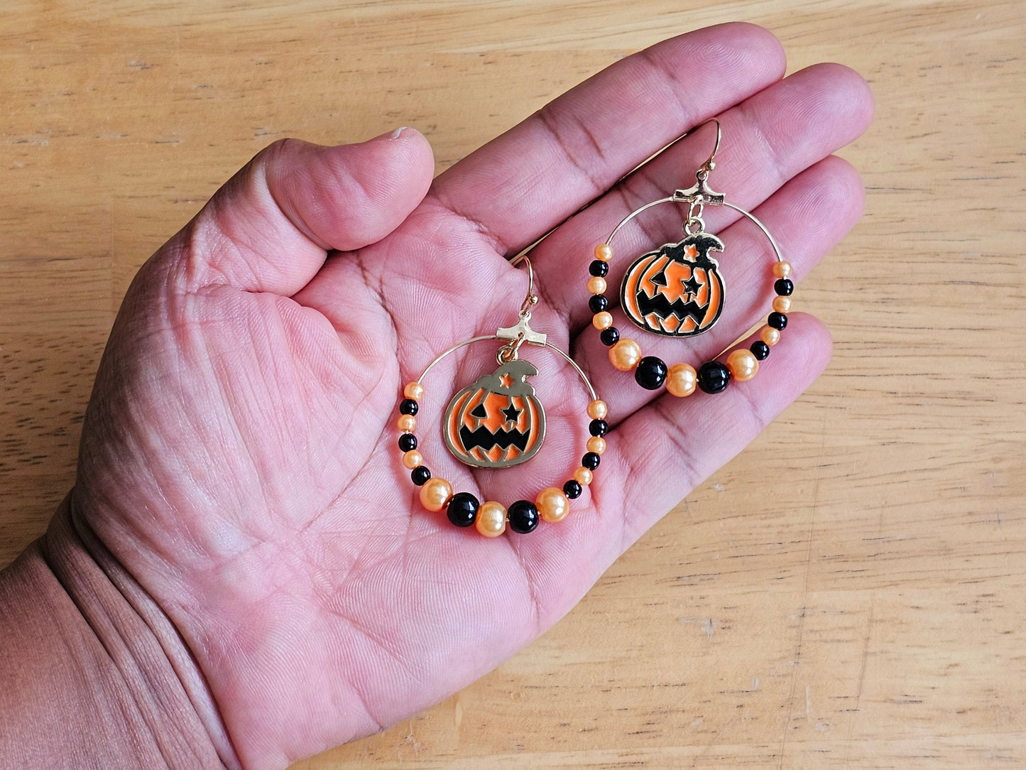 Handmade Jack O' Lantern Earrings - Hypoallergenic Halloween Beaded Hoop Earrings for Sensitive Ears