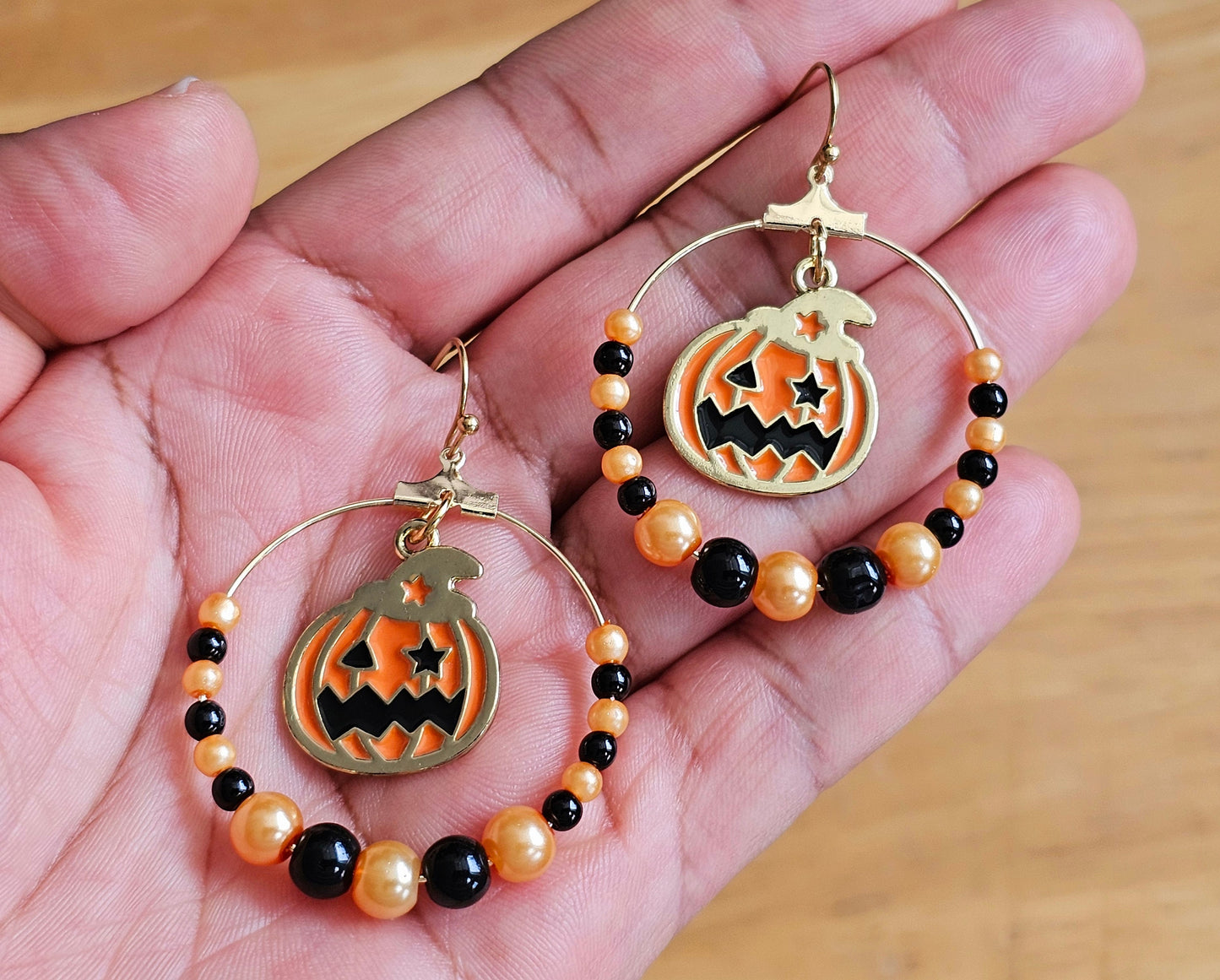 Handmade Jack O' Lantern Earrings - Hypoallergenic Halloween Beaded Hoop Earrings for Sensitive Ears