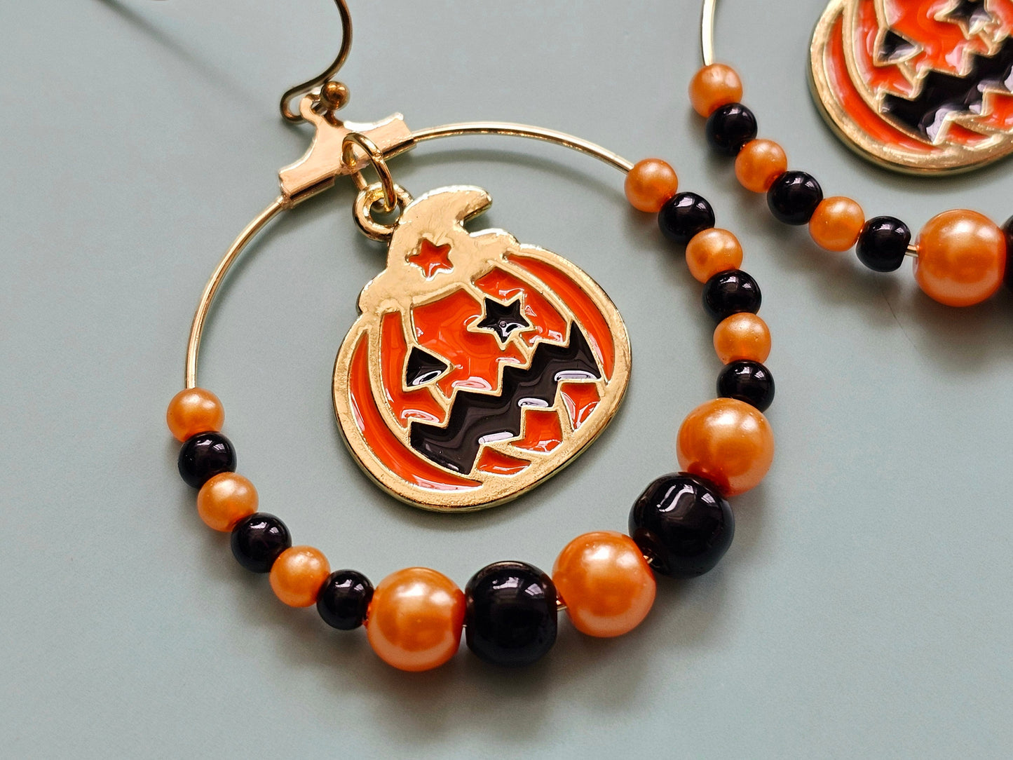 Handmade Jack O' Lantern Earrings - Hypoallergenic Halloween Beaded Hoop Earrings for Sensitive Ears