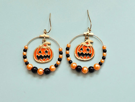 Handmade Jack O' Lantern Earrings - Hypoallergenic Halloween Beaded Hoop Earrings for Sensitive Ears