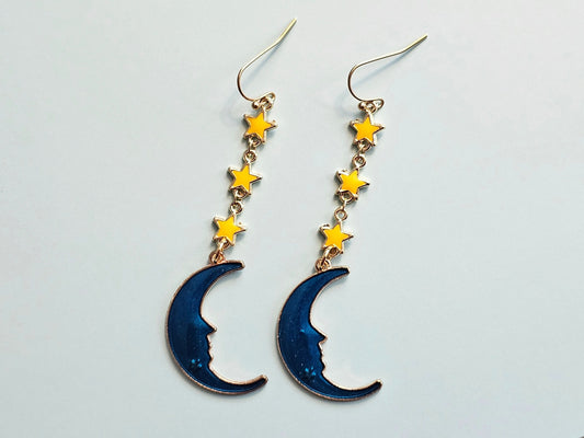 Hypoallergenic moon and star earrings with titanium or surgical steel ear wires.