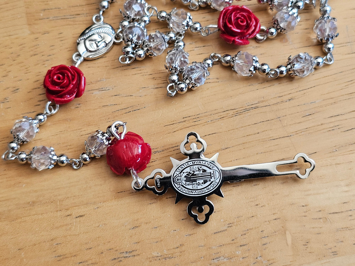 Handmade Red Rose Catholic Rosary with Saint Benedict Silver Crucifix - Religious Christmas Gift