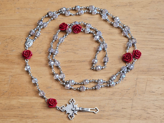 Handmade Red Rose Catholic Rosary with Saint Benedict Silver Crucifix - Religious Christmas Gift