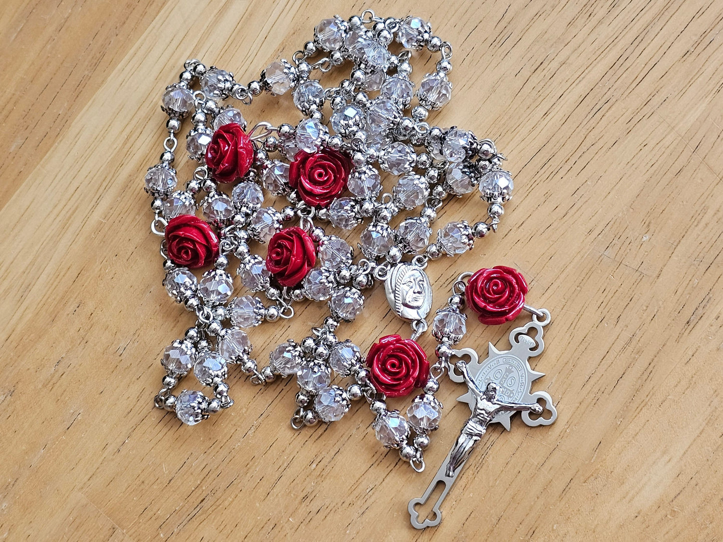 Handmade Red Rose Catholic Rosary with Saint Benedict Silver Crucifix - Religious Christmas Gift